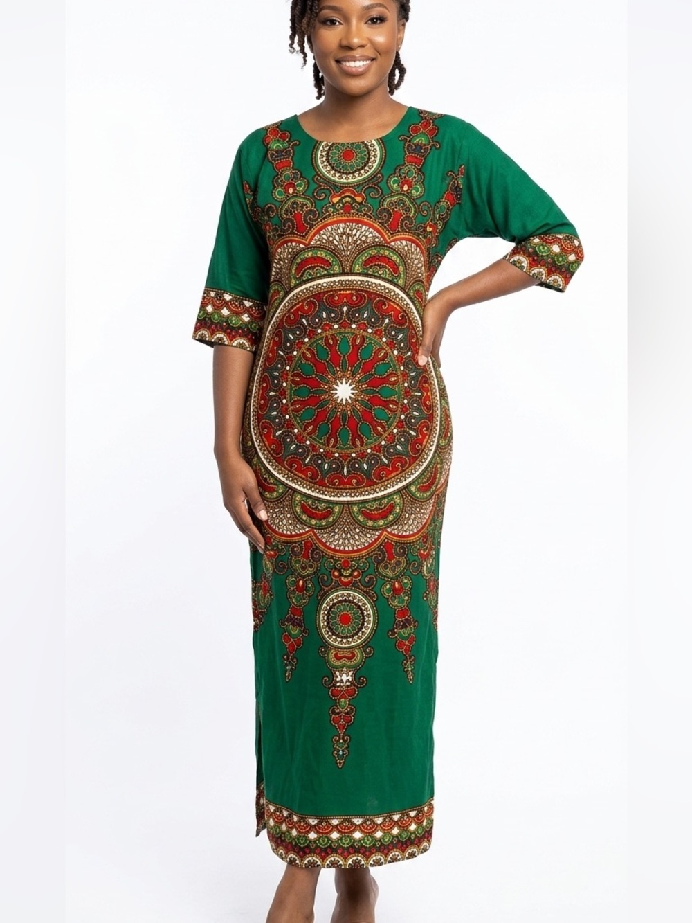 African Style Dashiki Kaftan Dress Handmade Forest Green Mandala Pattern Small